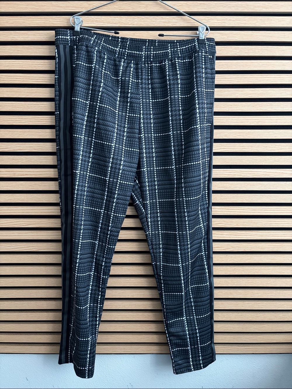 adidas Black & White Plaid Track Pants with Side Stripes